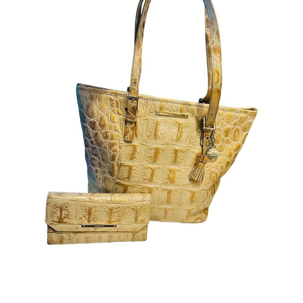 Brahmin Medium Asher Tote Champagne Melbourne Leather Croc Embossed + Wallet